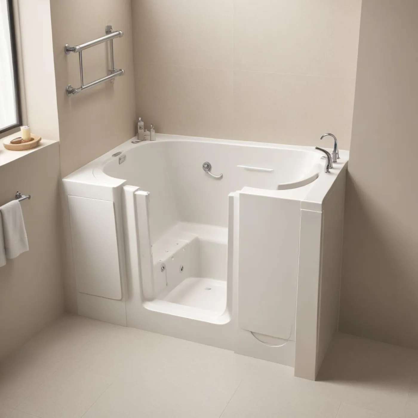 A tall, deep standalone walk-in bath, the category being compared