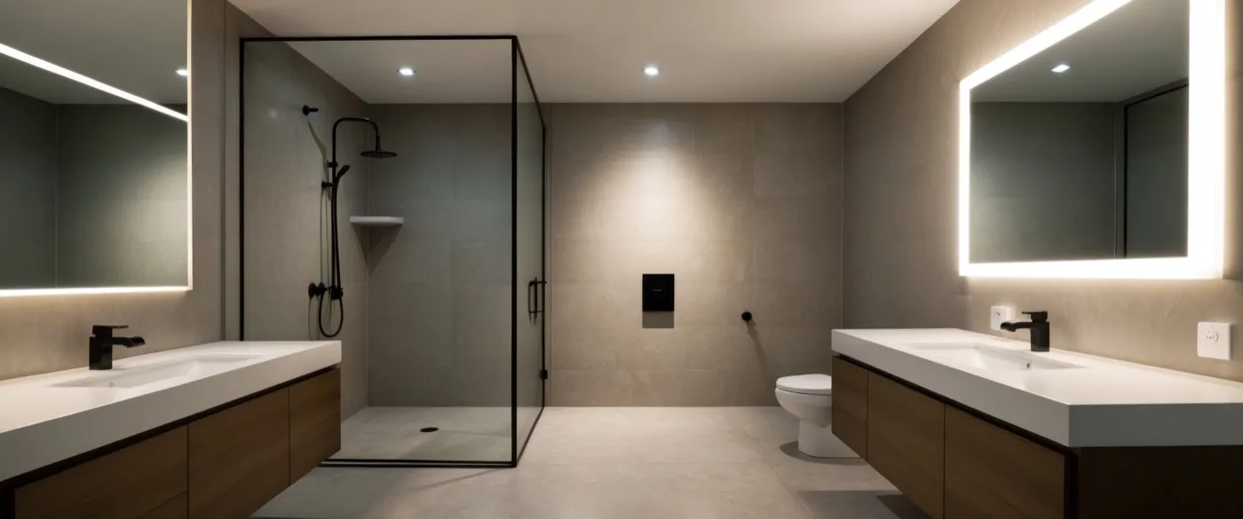 A tiled walk-in shower enclosure, the category being compared