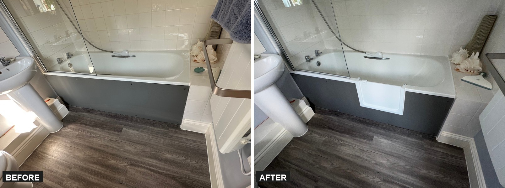 The same customer bathroom before and after fitting: high bath side on the left, watertight door in the same bath on the right